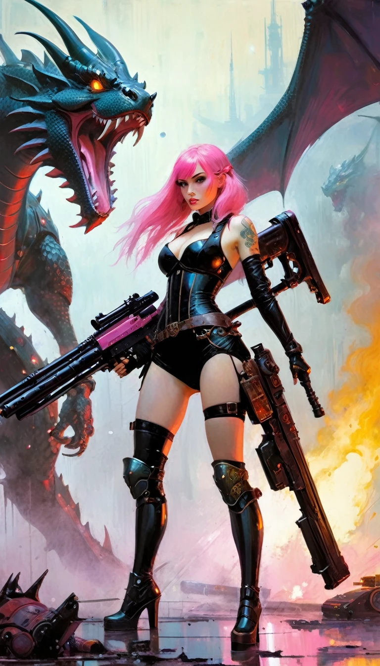 Sexy warrior girl with black steampunk armor, long pink hair, with a big futuristic shotgun, in a battle next to a robotic dragon, fierce battle, dense fog, fire (art inspired by Bill Sienkiewicz). oil painting)
