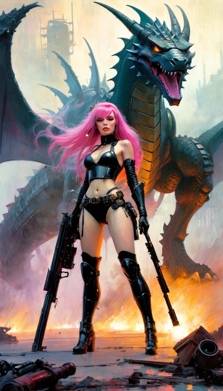 Sexy warrior girl with black steampunk armor, long pink hair, with a big futuristic shotgun, in a battle next to a robotic dragon, fierce battle, dense fog, fire (art inspired by Bill Sienkiewicz). oil painting)
