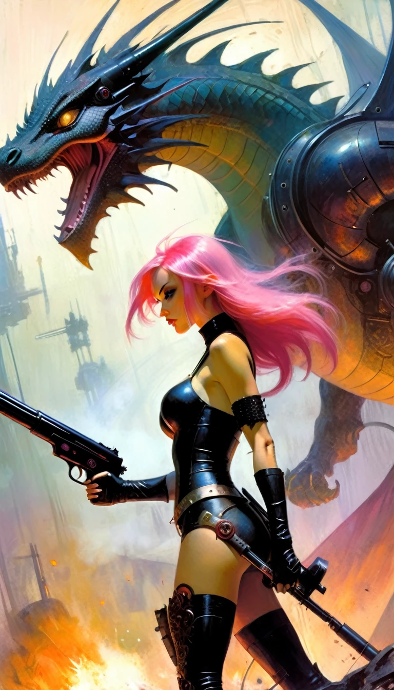Sexy warrior girl with black steampunk armor, long pink hair, with a big futuristic shotgun, in a battle next to a robotic dragon, fierce battle, dense fog, fire (art inspired by Bill Sienkiewicz). oil painting)
