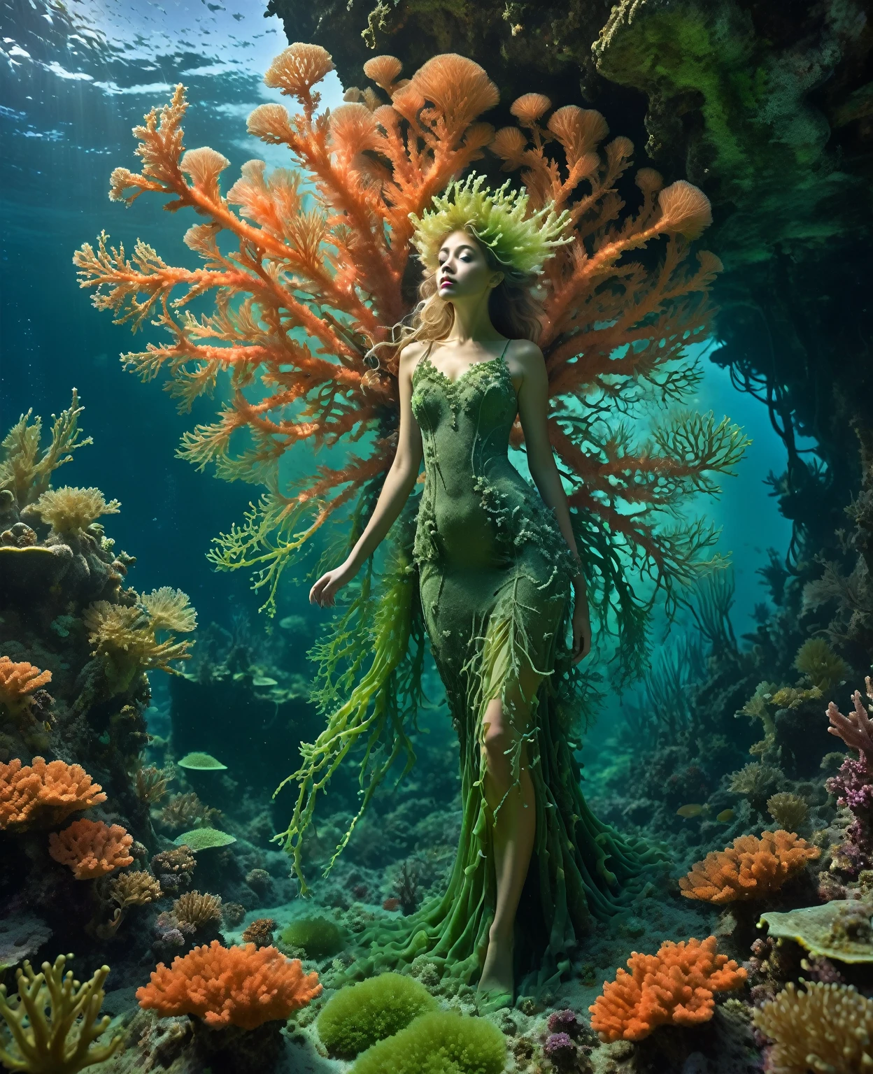In a brief interim a coral dryad dressed with algae illuminates with St. Elmo's Fire a 747 crash site on submarine mountain covered by algae and coral, showcasing the destruction partially hidden by the acuatic vegetation, underwater scene, melancholic, organic forms, art nouveau, neogothic touch, influenced by Zena Holloway, Shaun Tan and Seth Globepaint.