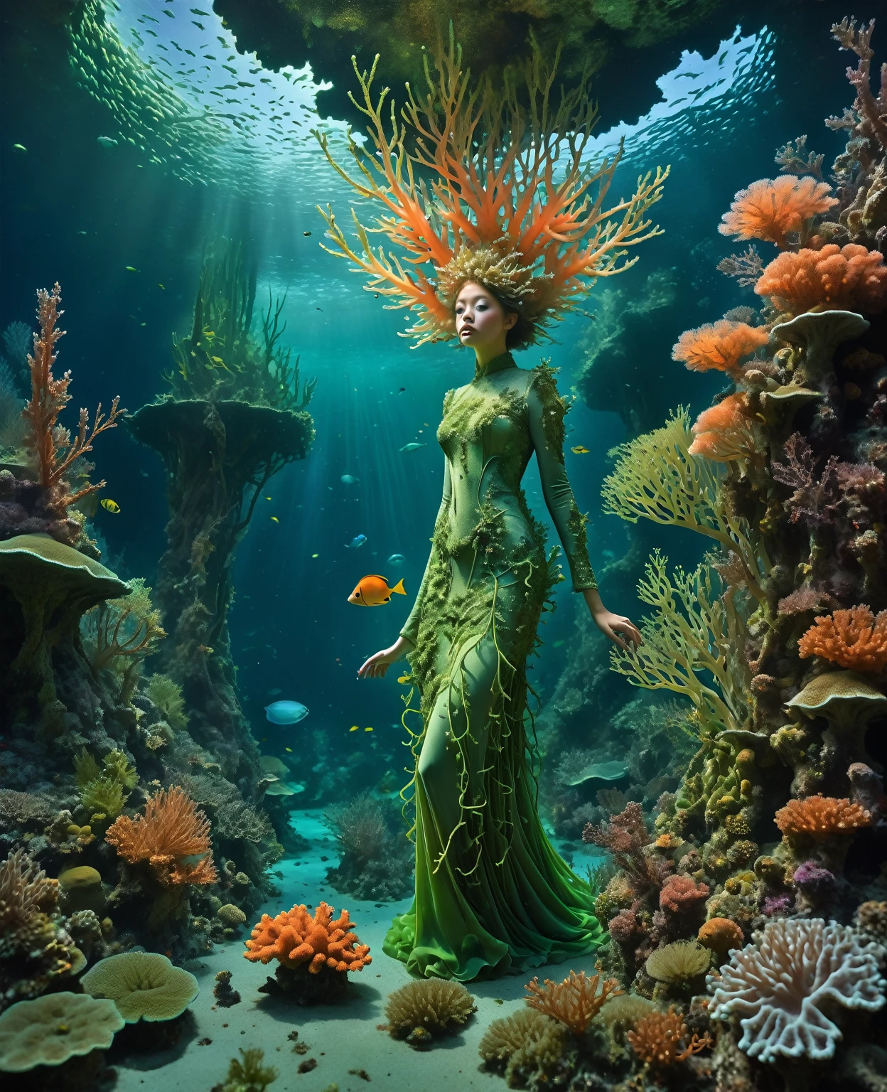 In a brief interim a coral dryad dressed with algae illuminates with St. Elmo's Fire a 747 crash site on submarine mountain covered by algae and coral, showcasing the destruction partially hidden by the acuatic vegetation, underwater scene, melancholic, organic forms, art nouveau, neogothic touch, influenced by Zena Holloway, Shaun Tan and Seth Globepaint.