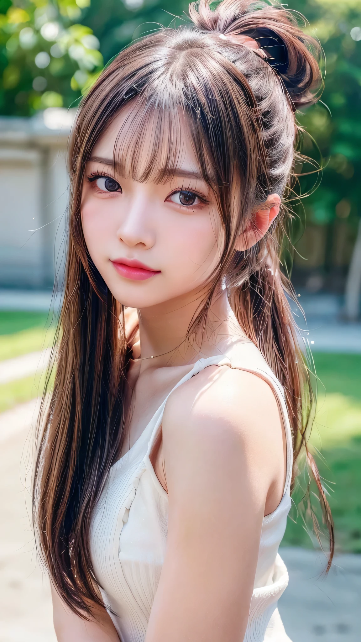 One piece with collar,outdoors,Urban Park,On the lawn,Ultra-detailed, finely detail, hight resolution, 8K Wallpaper, Perfect dynamic composition, Beautiful detailed eyes,Outdoor,Close-up of face,Outdoor,Blushing,Facing forward,,Long hair ponytail,((8k, Raw photo, Best Quality, Mastepiece:1.2), (Realism, Photorealistic:1.4), (Highly detailed 8K wallpapers), Depth of written boundary, Cinematic Lighting, Soft Light, Detailed Beauty Eye,Shiny and smooth light brown ponytail, Asymmetrical bangs, Shiny skin, Ultra-detailed skins ,It is high resolution., High detail, Detailed hairstyle, Detailed facial beauty, Hyper-realistic, Perfect limbs, Perfect Anatomy ,1 Japanese girl,Famous Japanese Idols, Perfect female body,A shy smile,Short eyelashes,Double-edged eyelids,Look straight here,Hair style: ponytail,