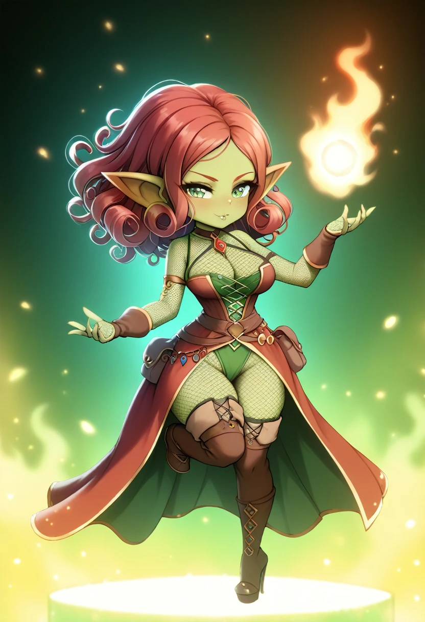 Girl, goblin girl, goblin, green skin, short, short stature,long hair, red hair, curly hair, large breasts, long gloves, thigh boots, pouty lips, masterpiece, best quality, sexy, dynamic pose, 8k, shortstack, sfw, shiny, fantasy, dungeons and dragons, high heels,  fishnets, holding, dark green skin, adventurer, sexy pose, sorcerer, sorceress, pyromancer, fire, magic, long sexy colorful dress, thigh pouch, very curly hair, lots of belts,