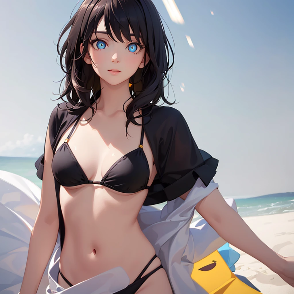 baby face, small breasts, short black hair,messy hair, (photorealistic:1.4), (masterpiece, sidelights, exquisite beautiful eyes: 1.5), masterpiece*portrait, realistic, 3D face,kawaii face,from above: 1.5、 (glowing eyes:1.5),(tareme:1.5)、Rosy Mouth,Slim Body, shiny hair, shiny oil skin: 1.5、large breasts:1.3,solo,()、(Black bikini)、(charactor focus:1.5、portrait)、upper body,in beach