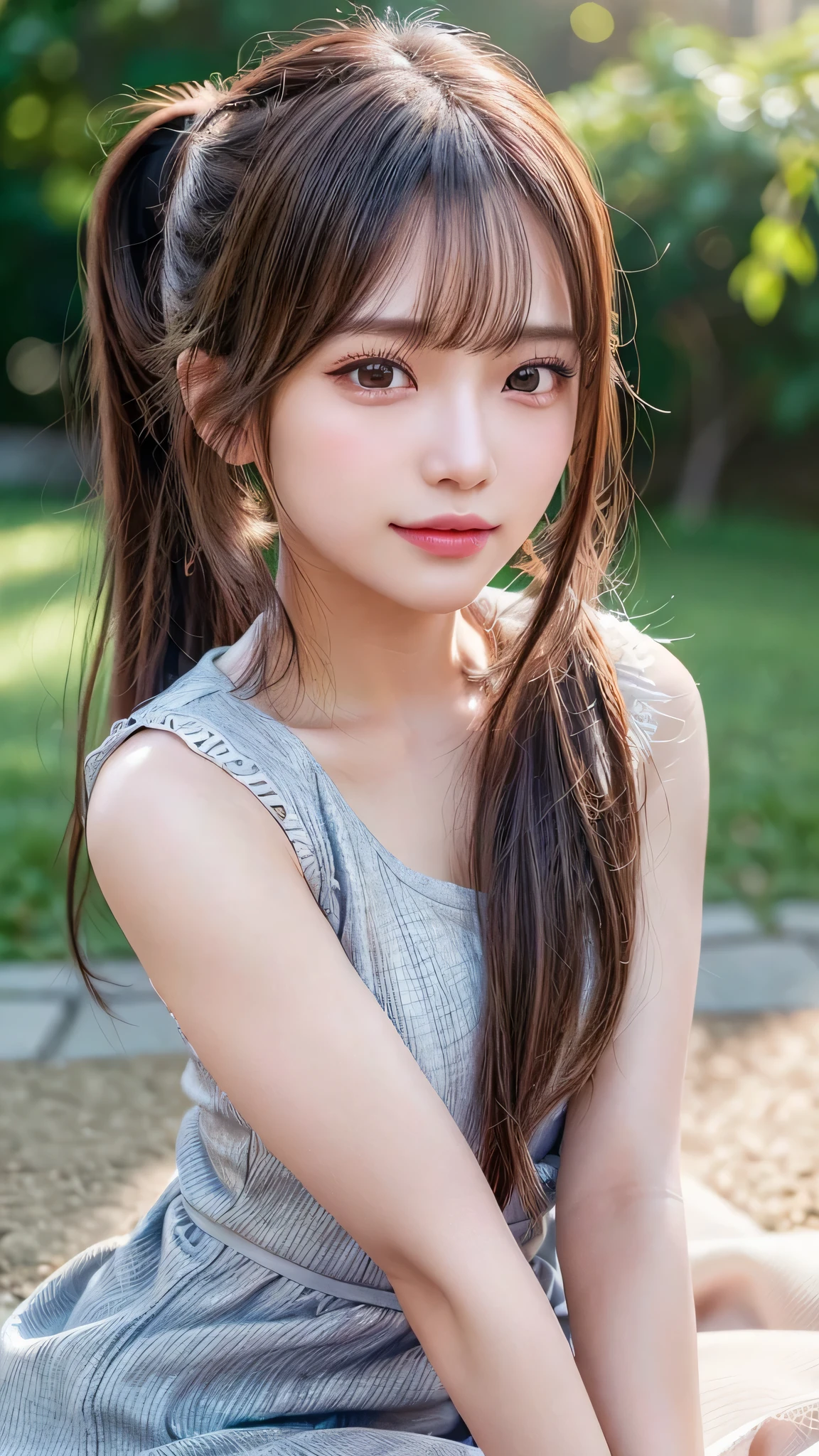 One piece with collar,outdoors,Urban Park,On the lawn,Ultra-detailed, finely detail, hight resolution, 8K Wallpaper, Perfect dynamic composition, Beautiful detailed eyes,Outdoor,Close-up of face,Outdoor,Blushing,Facing forward,,Long hair ponytail,((8k, Raw photo, Best Quality, Mastepiece:1.2), (Realism, Photorealistic:1.4), (Highly detailed 8K wallpapers), Depth of written boundary, Cinematic Lighting, Soft Light, Detailed Beauty Eye,Shiny and smooth light brown ponytail, Asymmetrical bangs, Shiny skin, Ultra-detailed skins ,It is high resolution., High detail, Detailed hairstyle, Detailed facial beauty, Hyper-realistic, Perfect limbs, Perfect Anatomy ,1 Japanese girl,Famous Japanese Idols, Perfect female body,A shy smile,Short eyelashes,Double-edged eyelids,Look straight here,Hair style: ponytail,