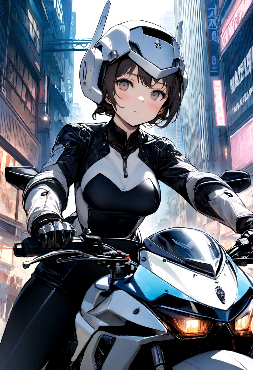 Maximum image quality, outstanding details, ultra high resolution, (fidelity: 1.4), the best illustration, favor details, 1 very condensed girl, with a delicate and beautiful face, dress with black and white wick, wearing a mecha helmet, holding a steering controller, ride a motorcycle, the background is a high-tech lighting scene of the city of the future.
