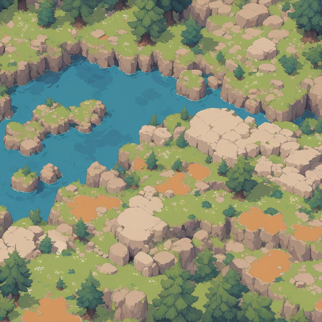 retro video game style,pixelated, vibrant pastel colors,8-bit characters,blocky shapes,sharp lines,detailed shading,classic gaming vibe,nostalgic atmosphere,classic arcade games,masterpiece:1.2,ultra-detailed,illustration style, 2d texture, stone texture, 4 k seamless mud texture, video game texture, dirt texture, tileset, game tiles, grass, 3/4th perspective trees, 3/4th perspective tileable rock texture, 3/4th perspective tileable cliff formations, tileable trees, topdown view, game texture, game art, tileable texture, very detailed cliff texture, intricate stones, top down view, 3/4th perspective