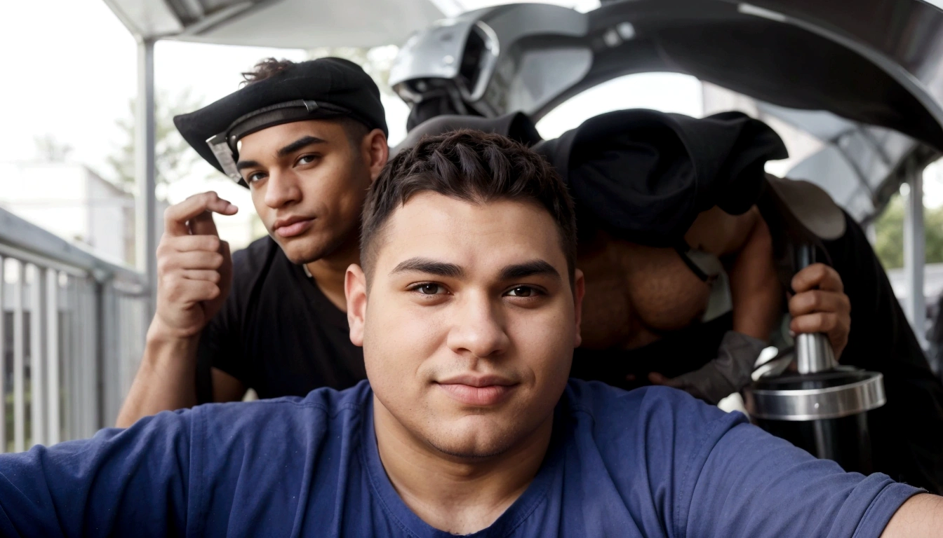 Two rustic gay men, both overweight, are the focal point of the image. The first man is a black man with small eyes, large eyebrows, a prominent nose, and full lips. He has black eyes and a shaved head. The second man is white, with brown eyes, a flat nose, and thin lips. He has straight hair. The white man is taller and bigger overall. The black man has a proportional build but smaller hands, while the white man has broad shoulders, large hands, and very thin legs.