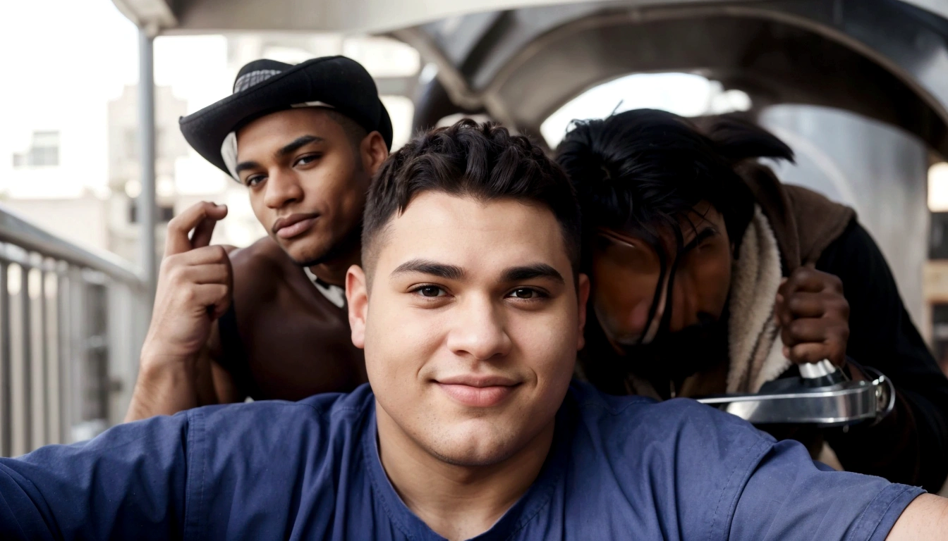 

Two rustic gay men, both overweight, are the focal point of the image. The first man is a black man with small eyes, large eyebrows, a prominent nose, and full lips. He has black eyes and a shaved head. The second man is white, with brown eyes, a flat nose, and thin lips. He has straight hair. The white man is taller and bigger overall. The black man has a proportional build but smaller hands, while the white man has broad shoulders, large hands, and very thin legs.