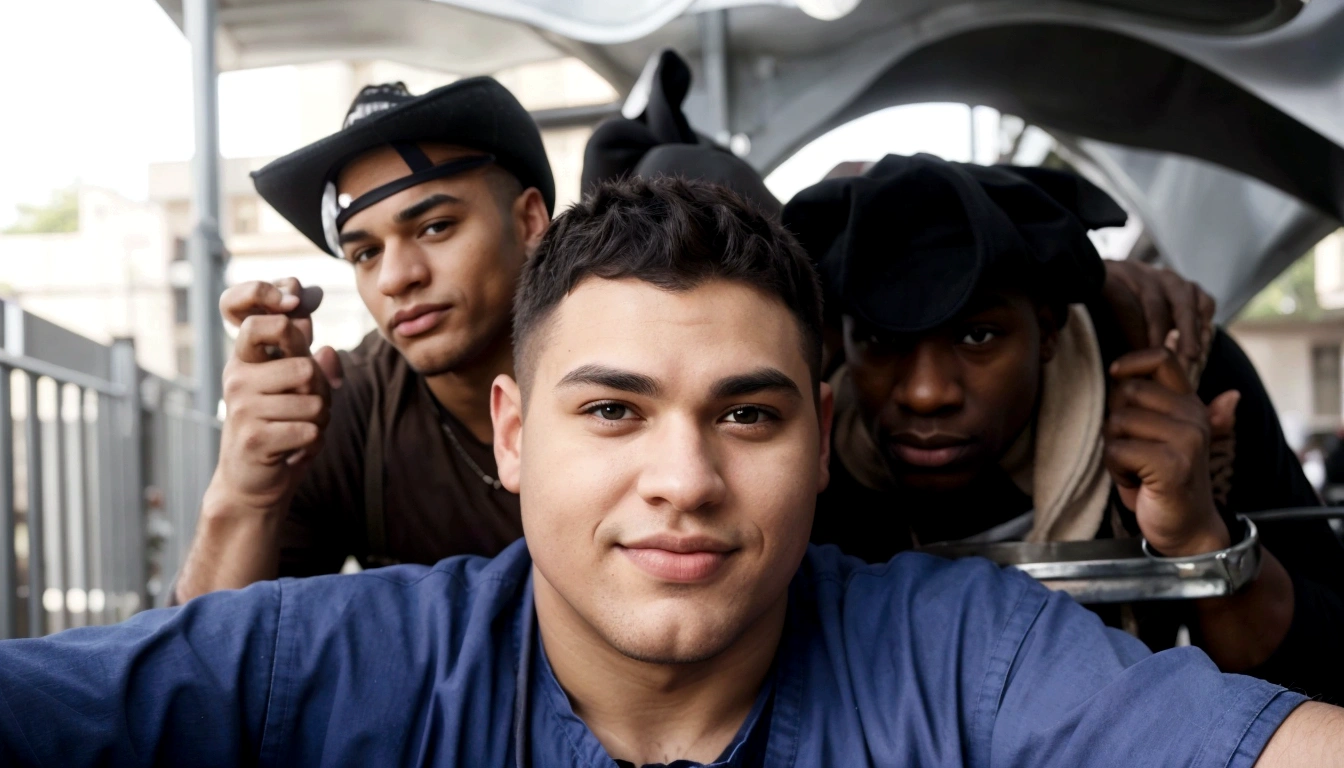 Two rustic gay men, both overweight, are the focal point of the image. The first man is a black man with small eyes, large eyebrows, a prominent nose, and full lips. He has black eyes and a shaved head. The second man is white, with brown eyes, a flat nose, and thin lips. He has straight hair. The white man is taller and bigger overall. The black man has a proportional build but smaller hands, while the white man has broad shoulders, large hands, and very thin legs.