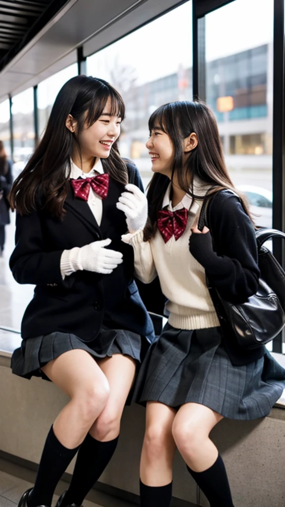 A photo of two mature Japanese high school girls wearing  cardigans with leather shoes and shiny black leather gloves,ribbon bowtie,Heavy makeup face,Ultra-detailed face, eye make up,Profile of a woman with her legs crossed at the entrance to the subway. Ultra Mini Skirt,The girls are looking at each other and laughing,eye contact,School Bags,This photo was taken in daylight with soft lighting..、The girls are sitting on the ground.。. This photo was taken by someone on their cell phone..、Apparently it was posted on Snapchat.。. 