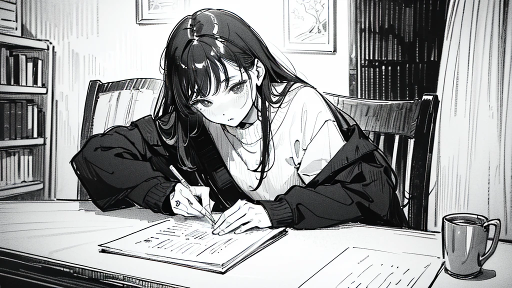 (((black and white art:1.2)))、Black and white world、silence、None、A look of boredom、precise、work of art:1.5, she writing