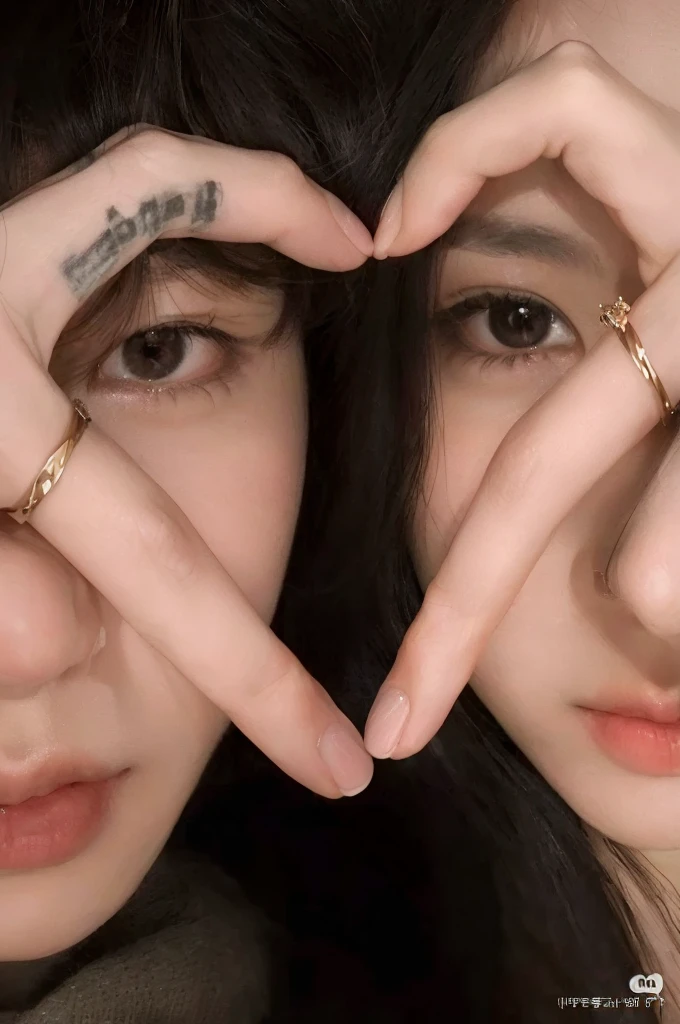 kpop boy, korean face jay ENHYPEN, boy face, kpop girl, korean face Chaewon lesserafim, Girl face, making a heart with your hands, ulzzang, couple pose [ realistic photo ]!!, heart eyes, clear and penetrating eyes, tumblr, 8k, loving eyes, realistic image, small heart shaped face, 2 eyes, adorable couple