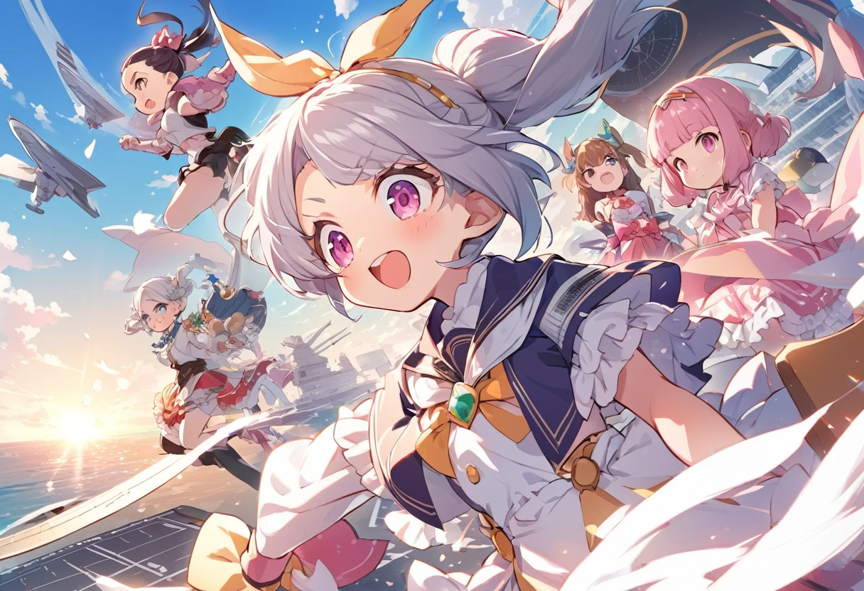 BREAK Perfect Anatomy、(High resolution:1.2)、Incredible illustrations、(Cute illustrations:1.2)、()(cinematic angle,) (Beautiful background,aircraft carrier flight deck)4girl((Daikokuten,Bishamonten,Ebisuten,Shou Lao Ren),magical girl costume)