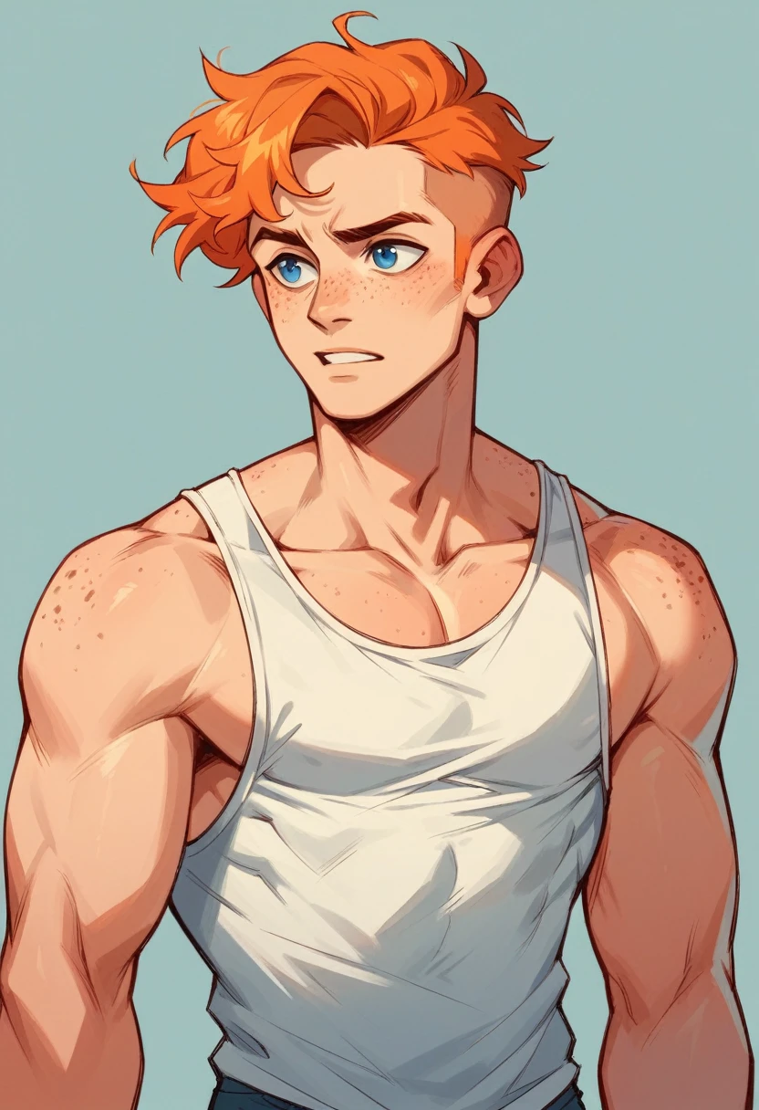 Human Male Orange hair , freckles, BLUE eyes , tank top shirt ,