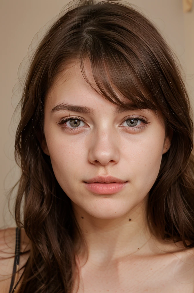 generate me a hyper-realistic image of an 18 year old girl of European and American descent with perfect, well lined eyes and brown eyes, with brown hair, beautiful delicate lips and a thin, upturned nose, straight hair