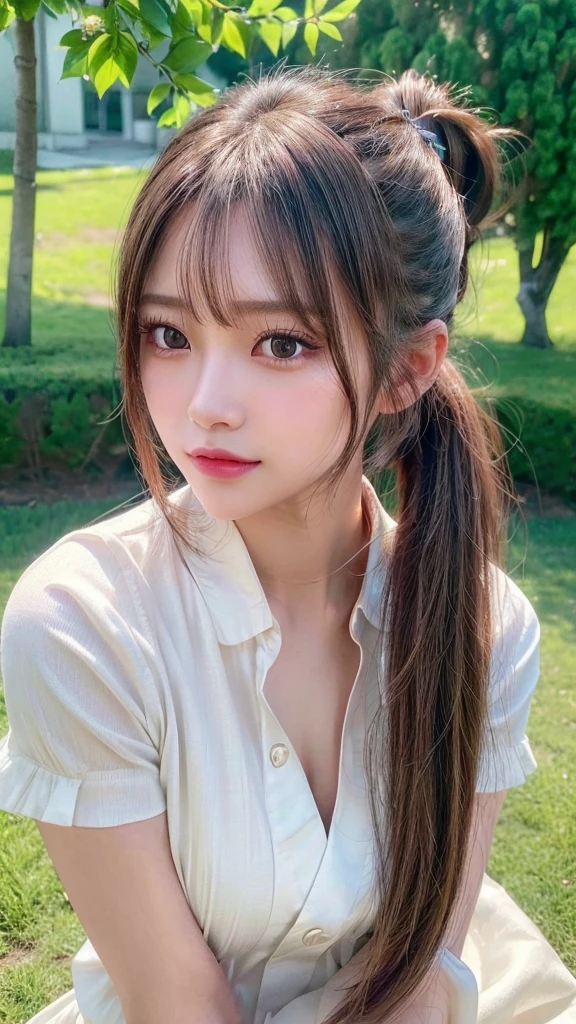 One piece with collar,outdoors,Urban Park,On the lawn,Ultra-detailed, finely detail, hight resolution, 8K Wallpaper, Perfect dynamic composition, Beautiful detailed eyes,Outdoor,Close-up of face,Outdoor,Blushing,Facing forward,,Long hair ponytail,((8k, Raw photo, Best Quality, Mastepiece:1.2), (Realism, Photorealistic:1.4), (Highly detailed 8K wallpapers), Depth of written boundary, Cinematic Lighting, Soft Light, Detailed Beauty Eye,Shiny and smooth light brown ponytail, Asymmetrical bangs, Shiny skin, Ultra-detailed skins ,It is high resolution., High detail, Detailed hairstyle, Detailed facial beauty, Hyper-realistic, Perfect limbs, Perfect Anatomy ,1 Japanese girl,Famous Japanese Idols, Perfect female body,A shy smile,Short eyelashes,Double-edged eyelids,Look straight here,Hair style: ponytail,