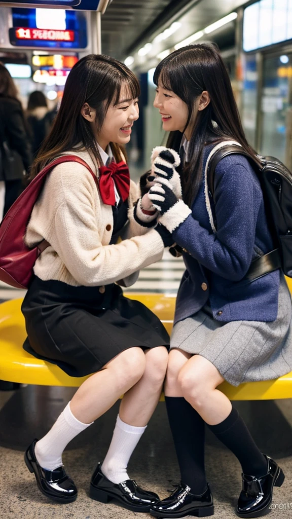 A photo of two mature Japanese gals wearing  cardigans with leather shoes and shiny black leather gloves,ribbon bowtie,Heavy makeup face,Ultra-detailed face, eye make up,Profile of a woman with her legs crossed at the entrance to the subway. Ultra Mini Skirt,The girls are looking at each other and laughing,eye contact,School Bags,This photo was taken in daylight with soft lighting..、The girls are sitting on the ground.。. This photo was taken by someone on their cell phone..、Apparently it was posted on Snapchat.。. 