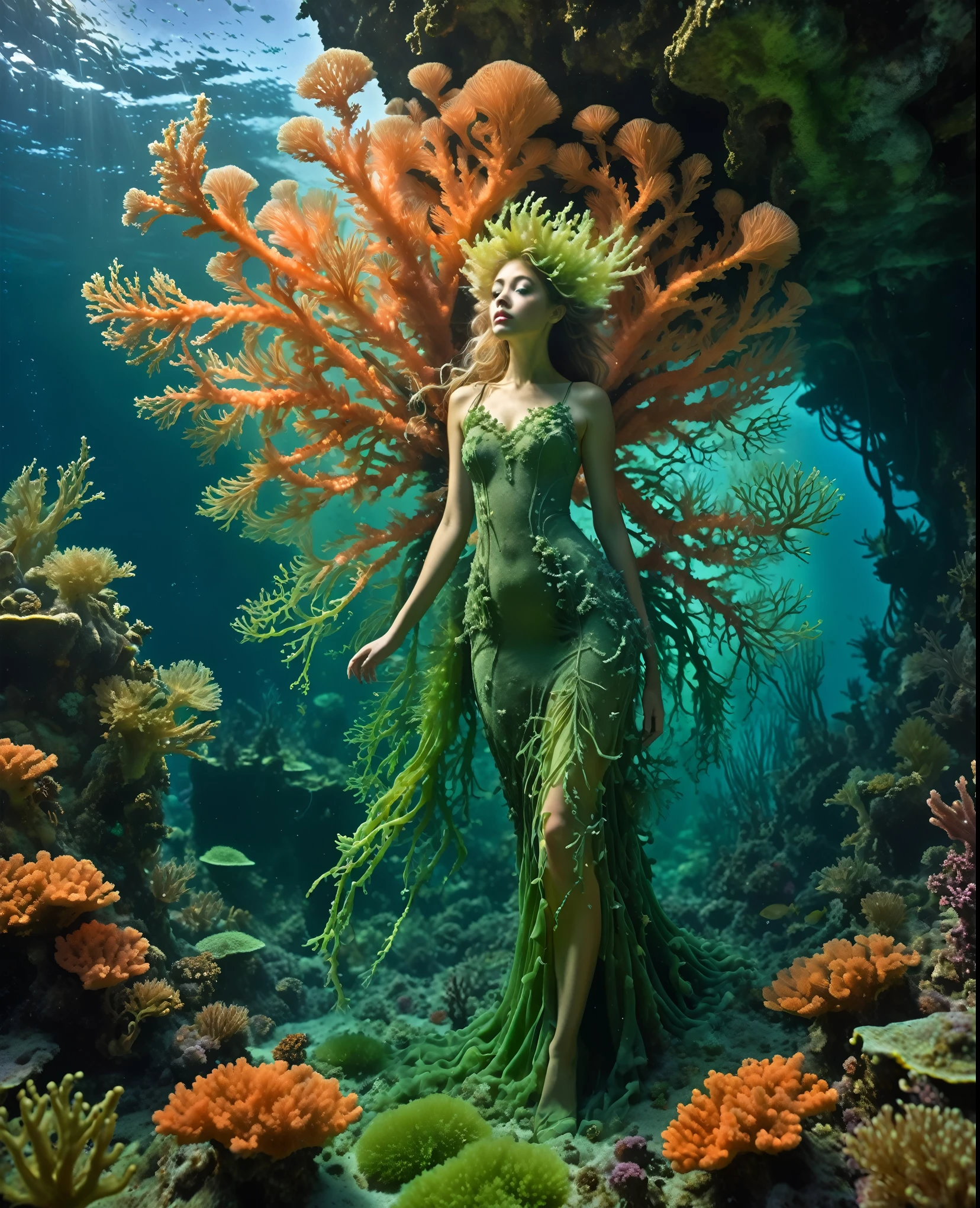 In a brief interim a coral dryad dressed with algae illuminates with St. Elmo's Fire a 747 crash site on submarine mountain covered by algae and coral, showcasing the destruction partially hidden by the acuatic vegetation, underwater scene, melancholic, organic forms, art nouveau, neogothic touch, influenced by Zena Holloway, Shaun Tan and Seth Globepaint.