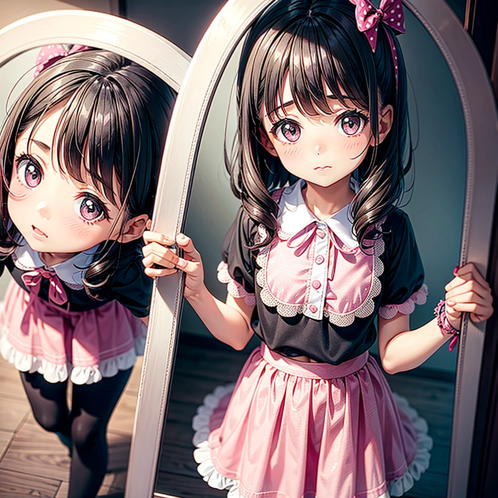 A cute 6 year old girl wearing a pink skirt with polka dots and a black top is crawling towards a mirror looking at it