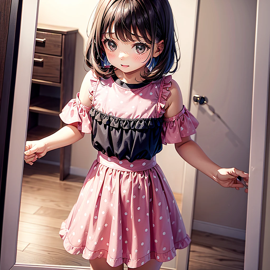 A cute 6 year old girl wearing a pink skirt with polka dots and a black top is crawling towards a mirror looking at it 