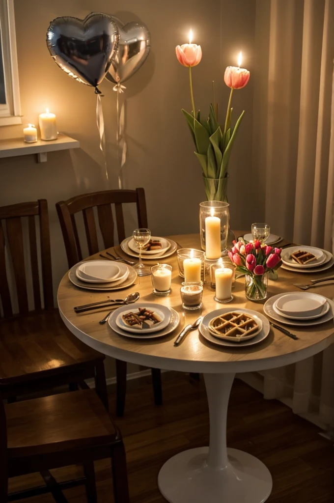 Create an atmosphere with candles, heart balloons, a dinner with waffles on the table, and I want a man to come out with a bouquet of tulips and an envelope in him