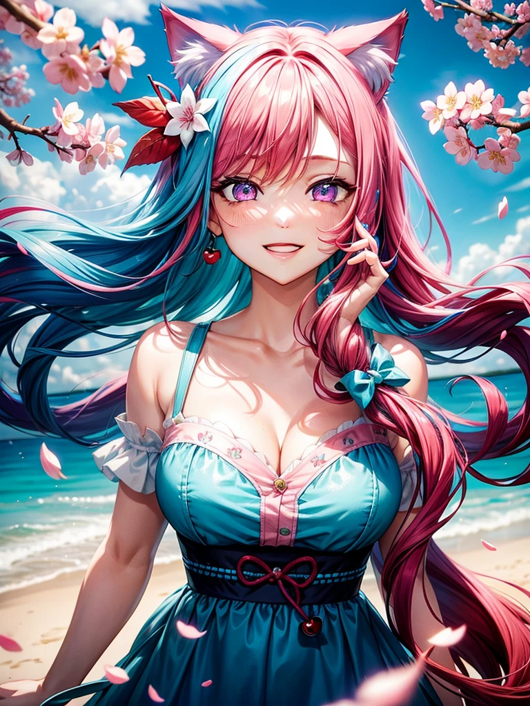 Half blue and red hair, pink eyes, woman, teal blue gold clothes,happy face, sexy, cat ears, hearts, floating hearts, face only,  long hair, smiling, cherry blossom, hair ornament, up close face