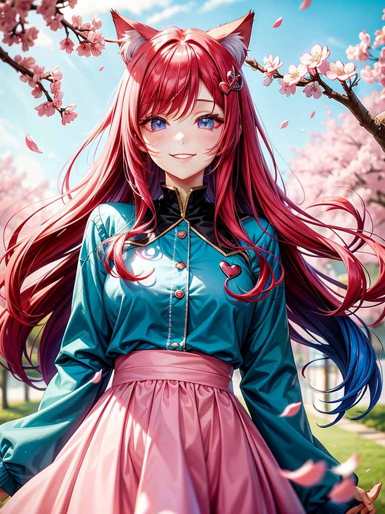 Half blue and red hair, pink eyes, woman, teal blue gold clothes,happy face, sexy, cat ears, hearts, floating hearts, face only, long hair, smiling, cherry blossom, hair ornament, up close face
