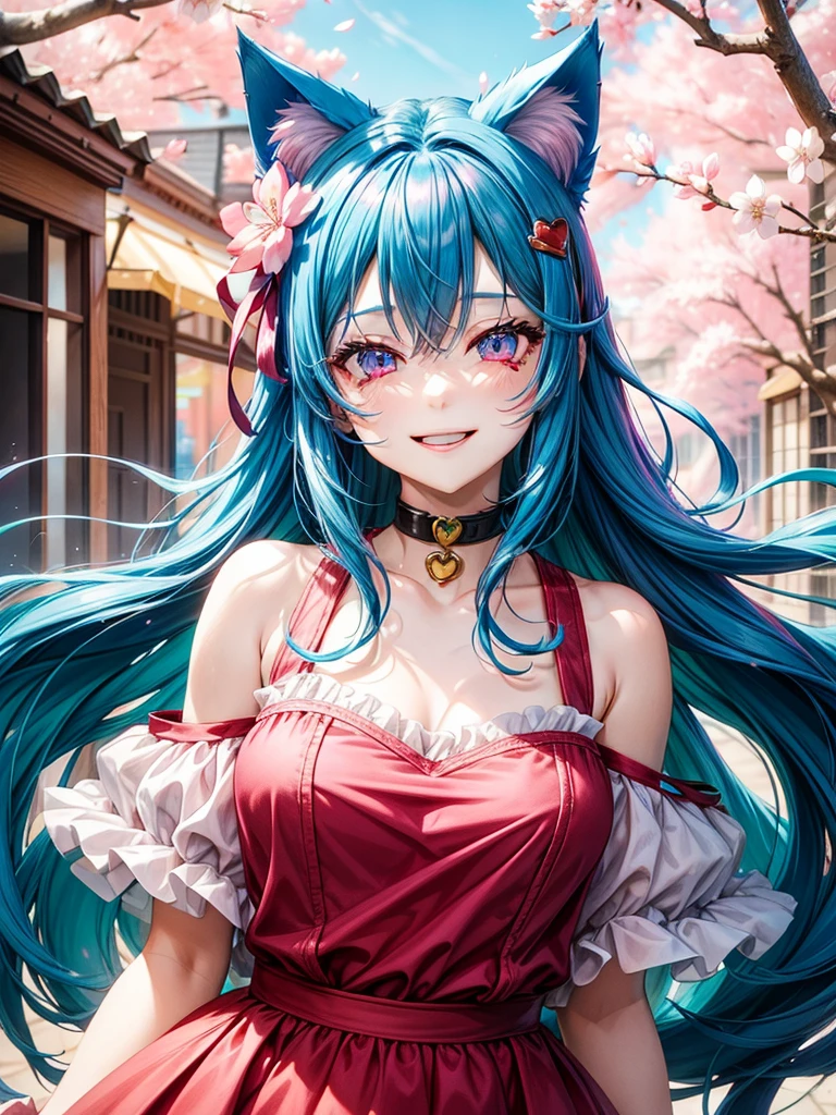 Half blue and red hair, pink eyes, woman, teal blue gold clothes,happy face, sexy, cat ears, hearts, floating hearts, face only, long hair, smiling, cherry blossom, hair ornament, up close face