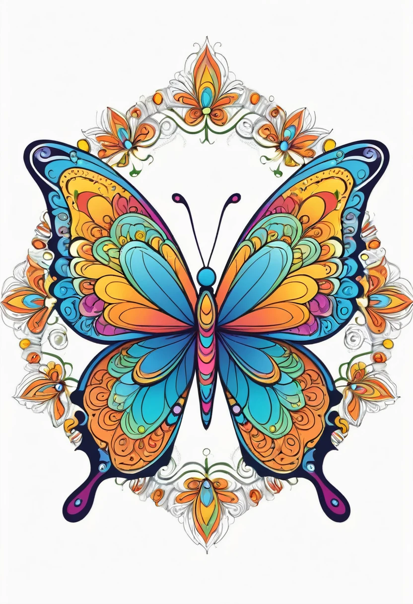 happy colored butterfly, Simplified Mandala style, outline, vector, white background