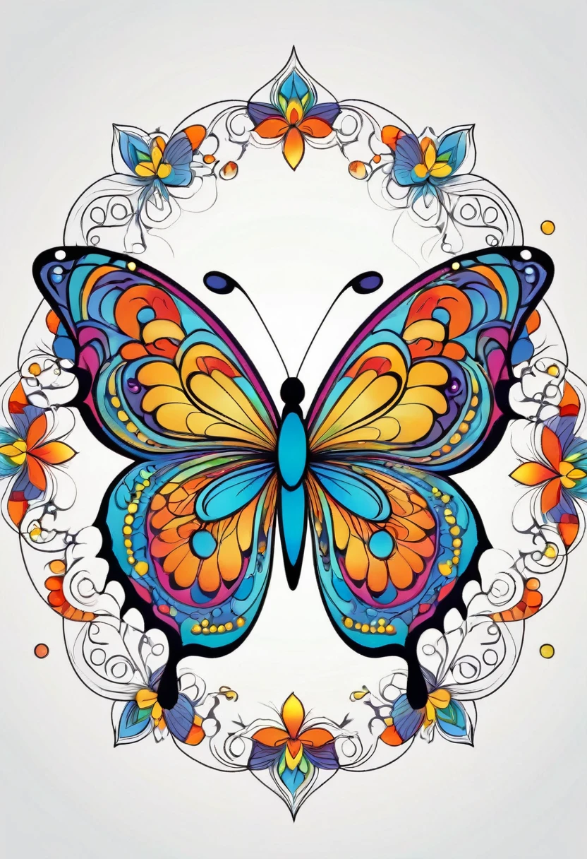 happy colored butterfly, Simplified Mandala style, outline, vector, white background