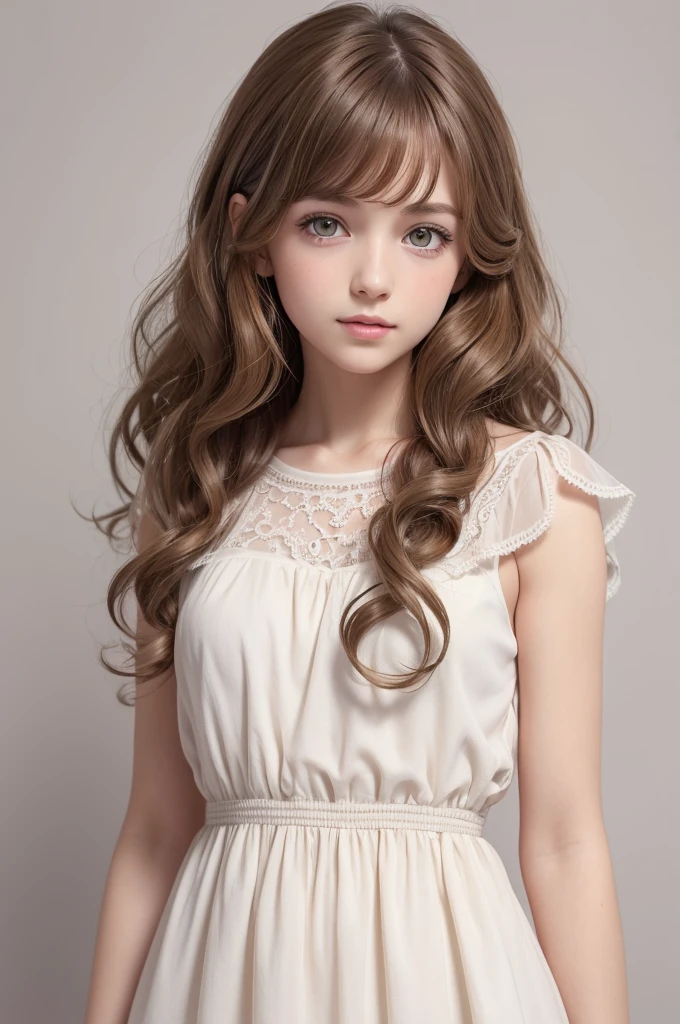 1 girl,curly and light brown hair,greenish eyes,with a lilac dress with yellow details,all white background, without many details and drawing