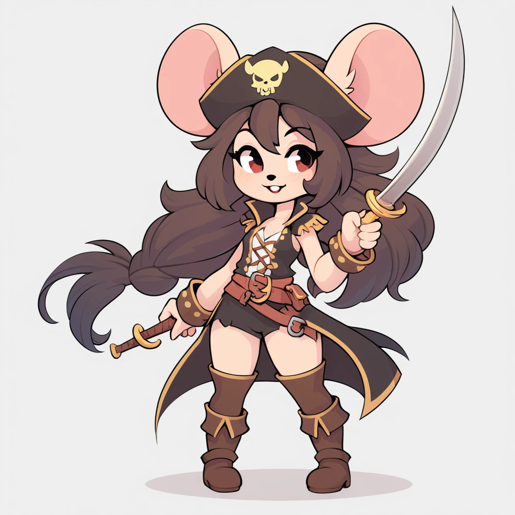 pirate mouse girl with long hair in anime 2d art style