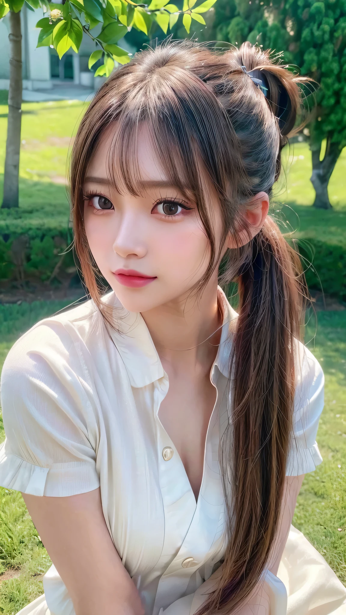 One piece with collar,outdoors,Urban Park,On the lawn,Ultra-detailed, finely detail, hight resolution, 8K Wallpaper, Perfect dynamic composition, Beautiful detailed eyes,Outdoor,Close-up of face,Outdoor,Blushing,Facing forward,,Long hair ponytail,((8k, Raw photo, Best Quality, Mastepiece:1.2), (Realism, Photorealistic:1.4), (Highly detailed 8K wallpapers), Depth of written boundary, Cinematic Lighting, Soft Light, Detailed Beauty Eye,Shiny and smooth light brown ponytail, Asymmetrical bangs, Shiny skin, Ultra-detailed skins ,It is high resolution., High detail, Detailed hairstyle, Detailed facial beauty, Hyper-realistic, Perfect limbs, Perfect Anatomy ,1 Japanese girl,Famous Japanese Idols, Perfect female body,A shy smile,Short eyelashes,Double-edged eyelids,Look straight here,Hair style: ponytail,