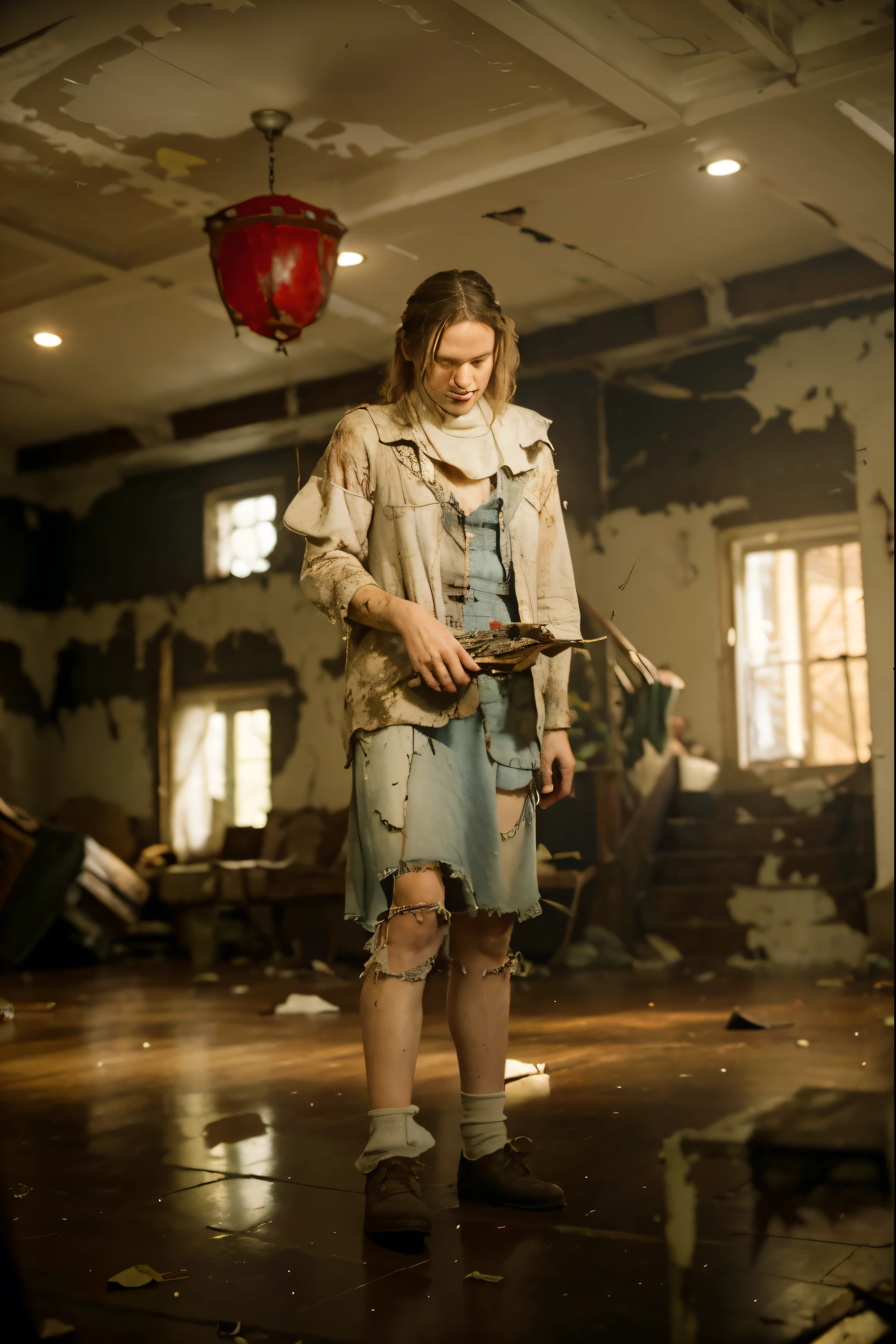 (Best quality, 8k, 32k, Masterpiece, UHD:1.2), "Transform the scene into the eerie and dilapidated setting of the house on 29 Neibolt Street from the movie 'IT.' Picture an old, abandoned Victorian-style house with a dark, sinister atmosphere. The exterior is covered in weathered, peeling paint and overgrown with ivy and weeds, giving it a haunted appearance. Broken windows and sagging porch beams add to the house's decrepit look.
The front yard is littered with debris, overgrown grass, and scattered leaves, creating a neglected and foreboding environment. A rusty, creaky gate swings open slowly, leading to the cracked and uneven pathway that winds towards the ominous front door. The door itself is slightly ajar, revealing a glimpse of darkness within.
Inside, the house is even more unsettling. The walls are covered in faded, peeling wallpaper, and the floors creak with every step. Dust and cobwebs cover every surface, and broken furniture is scattered throughout the rooms. The air is thick with a sense of dread and decay.
In the living room, an old, tattered couch sits beneath a broken window, casting eerie shadows on the floor. A staircase leads to the upper floors, each step echoing ominously in the empty house. The basement door stands slightly open, hinting at the horrors that lie below.
The overall ambiance is one of fear and abandonment, capturing the terrifying essence of the house on 29 Neibolt Street from 'IT.' The setting should evoke a sense of unease and suspense, as if something sinister is lurking just out of sight."
