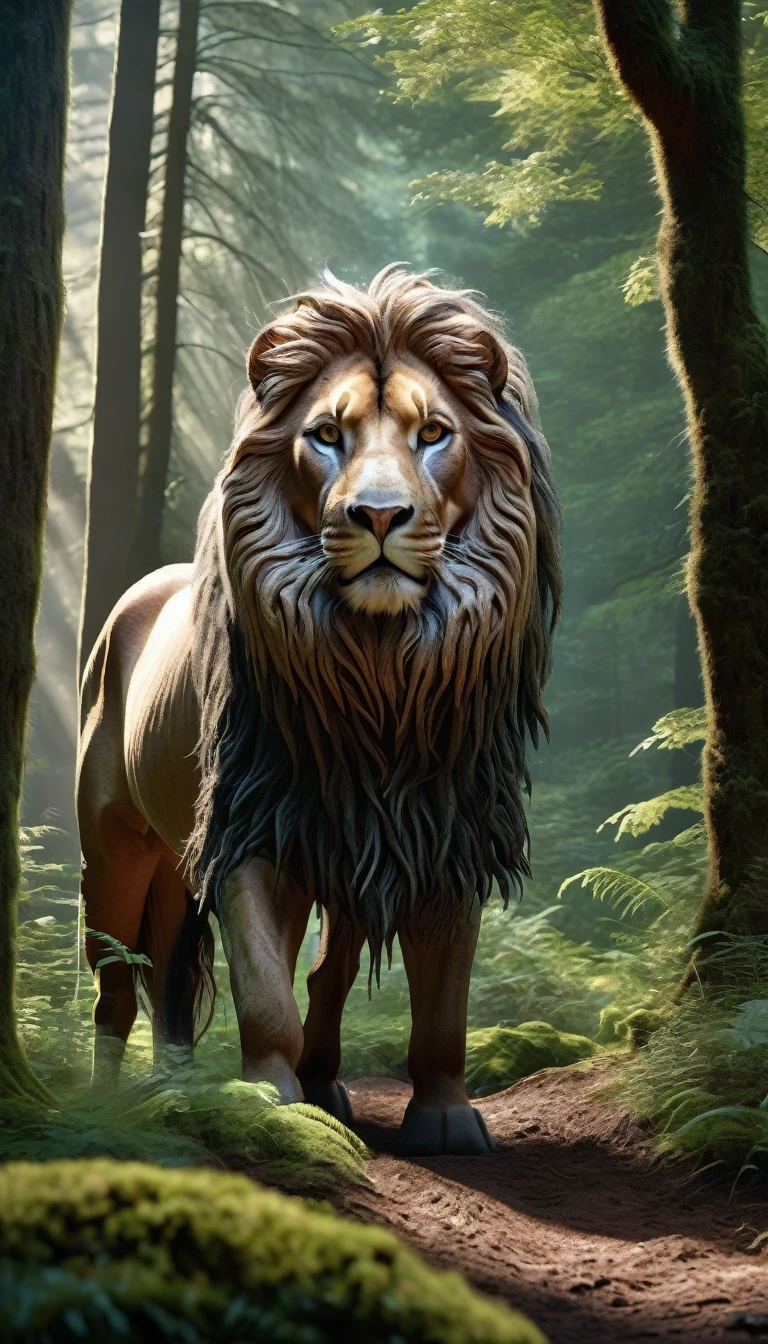 Panoramic front view,There is a creature in the forest,Human-like appearance,The whole body is covered with mane(best quality,4K,8K,High level,masterpiece:1.2),Ultra Detailed,(lifelike,Photo real,Photo real:1.37),Highly detailed animals,Complex patterns,Realistic lighting,Fantasy Creatures
