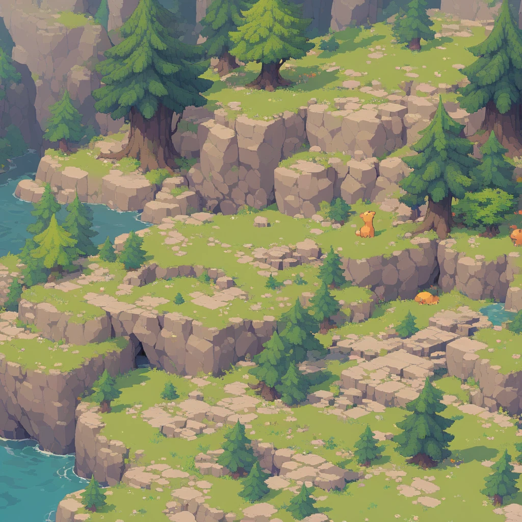 retro video game style,pixelated, vibrant pastel colors,8-bit characters,blocky shapes,sharp lines,detailed shading,classic gaming vibe,nostalgic atmosphere,classic arcade games,masterpiece:1.2,ultra-detailed,illustration style, 2d texture, stone texture, 4 k seamless mud texture, video game texture, dirt texture, tileset, game tiles, grass, 3/4th perspective trees, 3/4th perspective tileable rock texture, 3/4th perspective tileable cliff formations, tileable trees, topdown view, game texture, game art, tileable texture, very detailed cliff texture, intricate stones, top down view, 3/4th perspective
