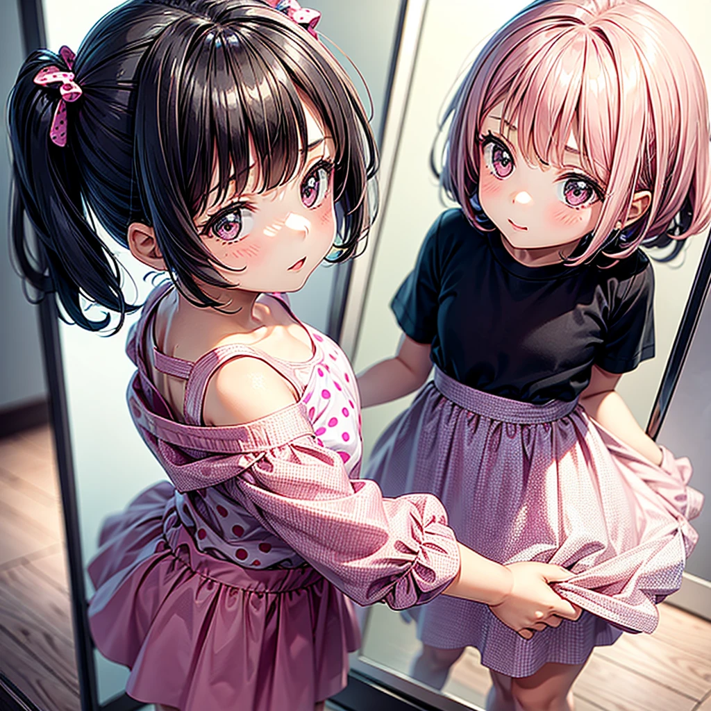 A cute girl wearing a pink skirt with polka dots and a black top is crawling with her back to a mirror looking at it