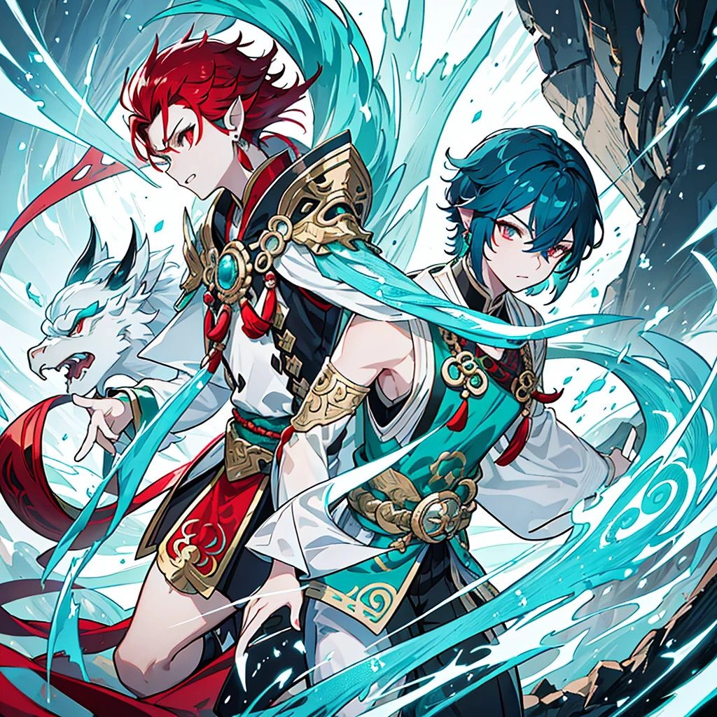 a hybrid teenage chinese dragon boy, medium and slender body, turquoise scales, thin arms, short and messy dark turquoise hair, a horn on the forehead, small and pointed ears with traditional red earrings, iridescent pale eyes, wearing white and turquoise traditional japanese style clothing with red patterns, long chinese dragon tail with turquoise patterns, profile, 1 male character, pale skin, dark turquoise hair, Kaeya Genshin Impact, Final Fantasy XIV, attack pose, (best quality,4k,8k,highres,masterpiece:1.2),ultra-detailed,(realistic,photorealistic,photo-realistic:1.37),intricate details,hyper realistic,dramatic lighting,cinematic,digital art,illustration,fantasy,concept art