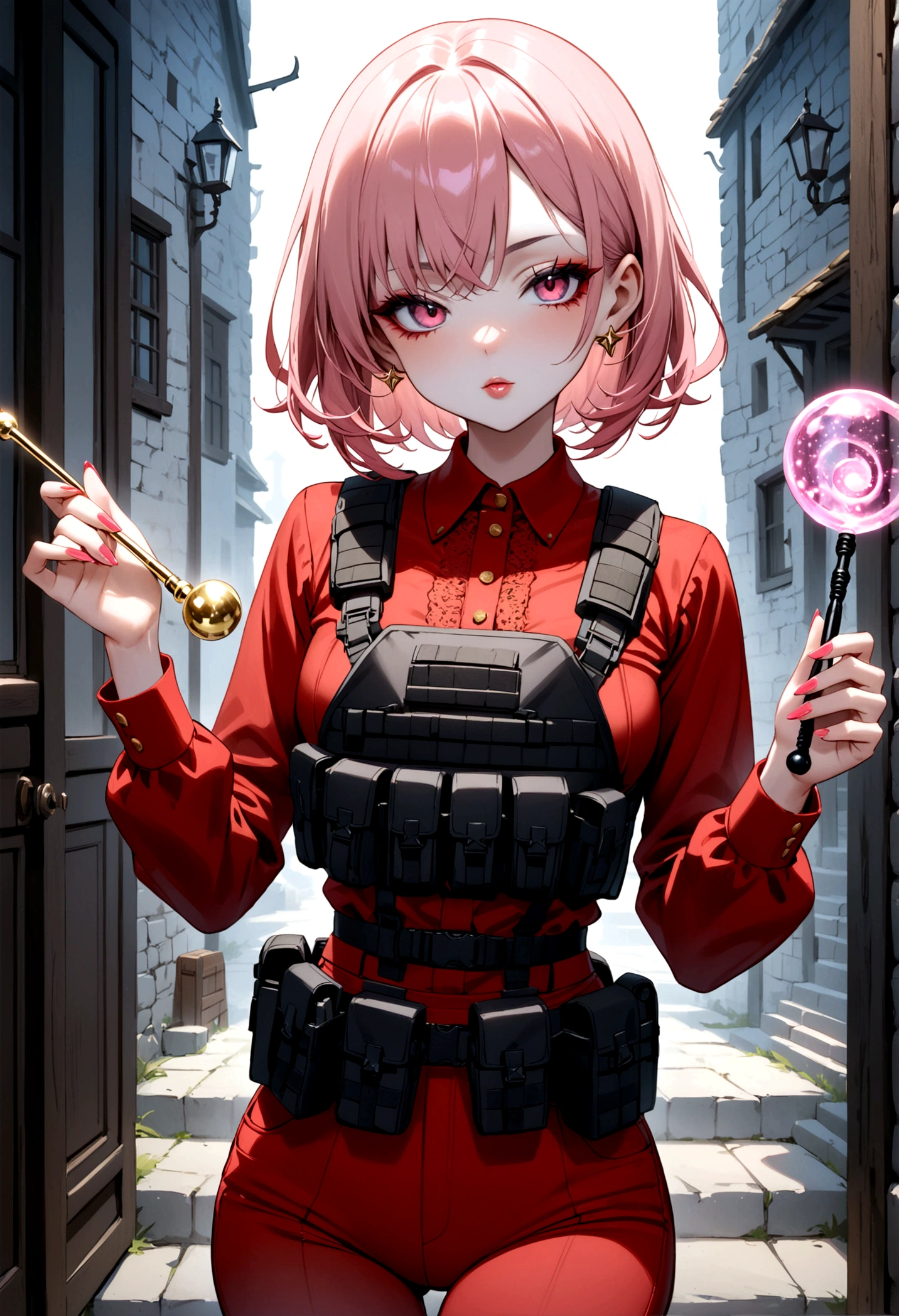 (masterpiece, Best quality, 32 thousand.), (((facing the viewer, full height))), ((full body)), Young teenage girl with pink hair , ((pink глаза)), ((Eyeliner)), ((Beautiful face, sultry face, mischievous face, fine features, sexy face)), ((pale skin, Smooth skin, perfect skin)), ((cute outfit, Stylish outfit, Medieval attire, fantasy outfit, tactical equipment:1.3)), ( Red pants ), ((Magic wand in hands))