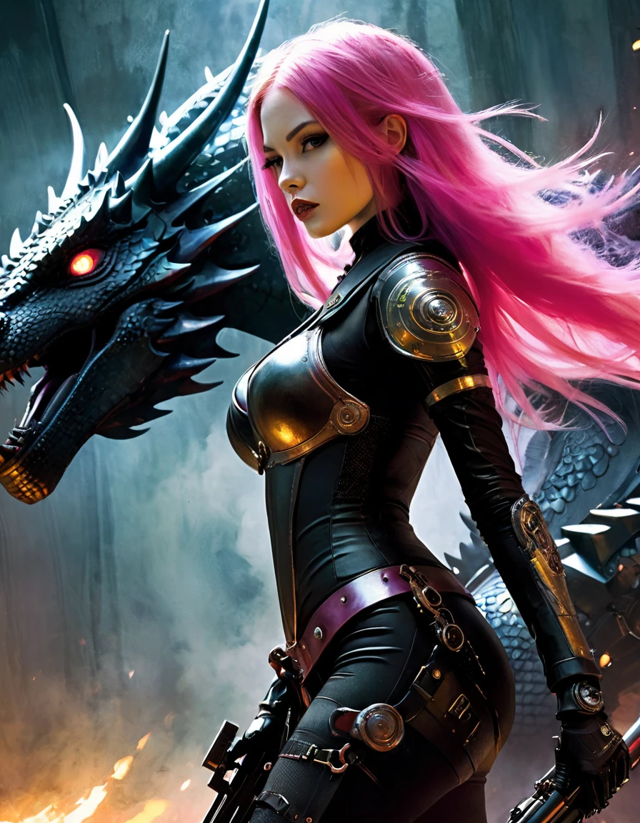 Sexy warrior girl with black steampunk armor, long pink hair, with a big futuristic shotgun, in a battle next to a robotic dragon, fierce battle, dense fog, fire  chiaroscuro, sensual, dramatic lighting, moody atmosphere, photorealistic, intricate details, masterpiece, ultra-detailed, high quality, 8k, best quality, realistic, cinematic, dark and brooding, expressionistic, powerful composition, emotional impact, Bill Sienkiewicz inspired art

