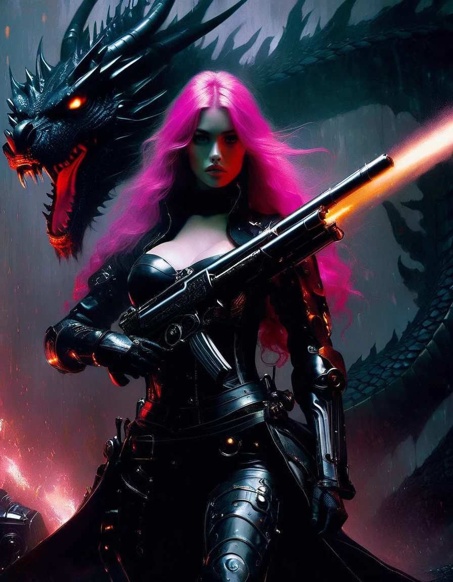 Sexy warrior girl with black steampunk armor, long pink hair, with a big futuristic shotgun, in a battle next to a robotic dragon, fierce battle, dense fog, fire chiaroscuro, sensual, dramatic lighting, moody atmosphere, photorealistic, intricate details, masterpiece, ultra-detailed, high quality, 8k, best quality, realistic, cinematic, dark and brooding, expressionistic, powerful composition, emotional impact, Bill Sienkiewicz inspired art
