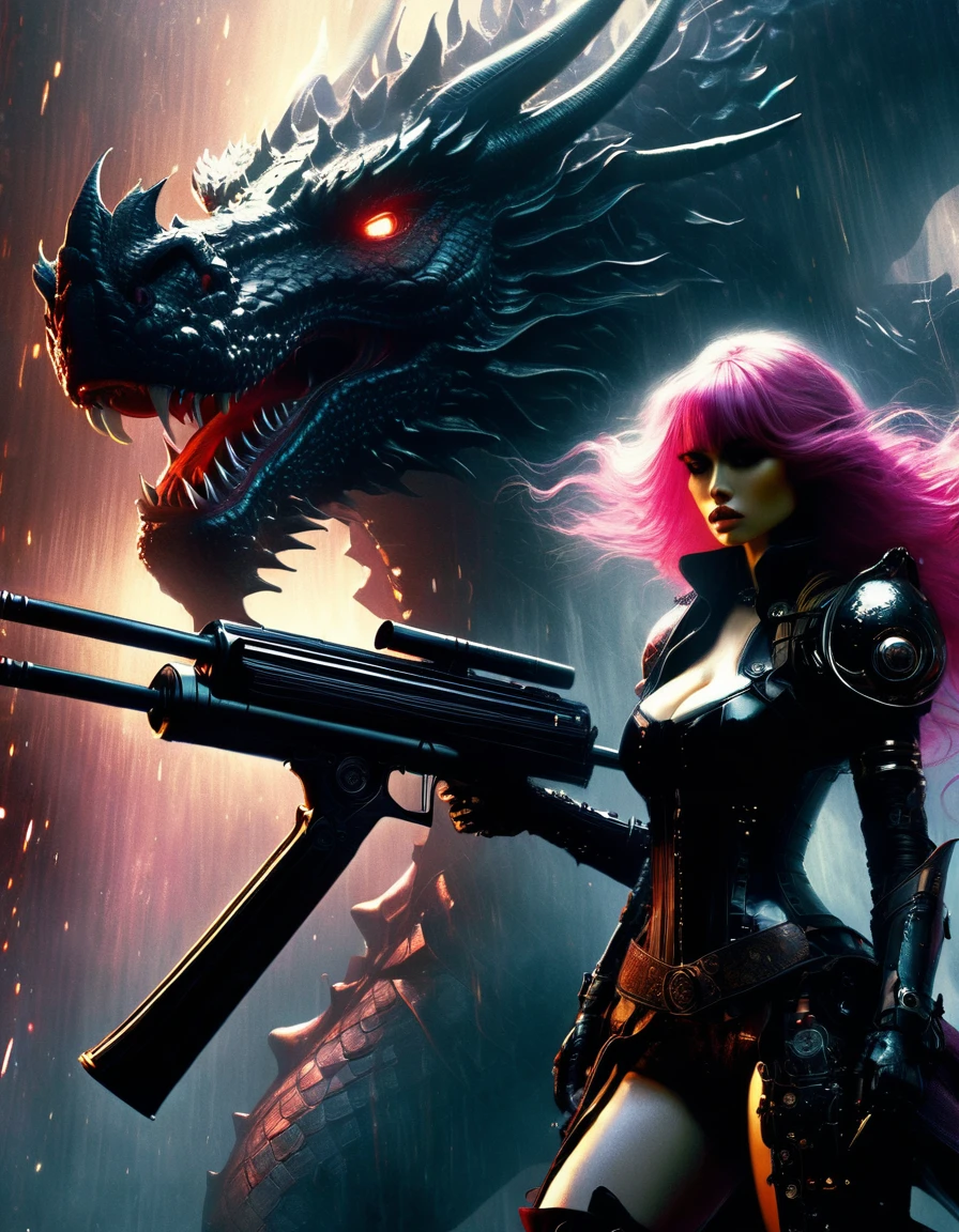 Sexy warrior girl with black steampunk armor, long pink hair, with a big futuristic shotgun, in a battle next to a robotic dragon, fierce battle, dense fog, fire chiaroscuro, sensual, dramatic lighting, moody atmosphere, photorealistic, intricate details, masterpiece, ultra-detailed, high quality, 8k, best quality, realistic, cinematic, dark and brooding, expressionistic, powerful composition, emotional impact, Bill Sienkiewicz inspired art
