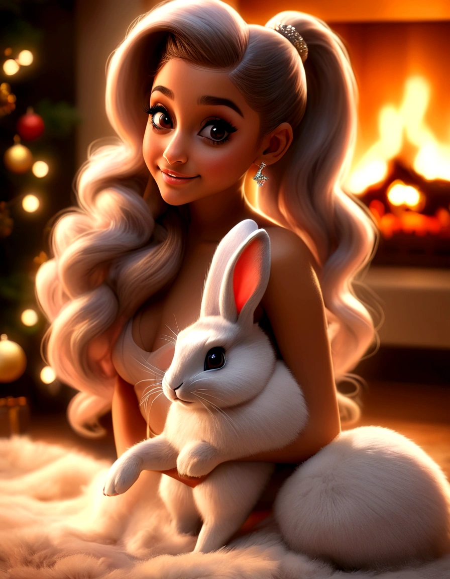 a cute woman, Ariana Grande (age 25), airy sheer hip length fully open night gown (not tied) (midriff and genitals exposed), no underwear, kneeling on a fur rug, near fireplace, Christmas decorations, petting a bunny, flirtatious, ultra-detailed, 8k, highres, masterpiece, realistic, photorealistic, photo-realistic, HDR, UHD, studio lighting, ultra-fine painting, sharp focus, physically-based rendering, extreme detail description, professional, vivid colors, bokeh, portraits, chiaroscuro lighting, warm color tones