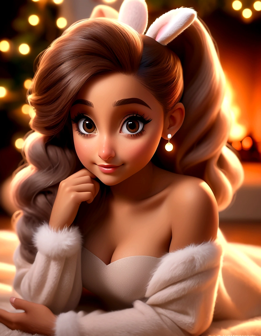 a cute woman, Ariana Grande (age 25), airy sheer hip length fully open night gown (not tied) (midriff and genitals exposed), no underwear, kneeling on a fur rug, near fireplace, Christmas decorations, petting a bunny, flirtatious, ultra-detailed, 8k, highres, masterpiece, realistic, photorealistic, photo-realistic, HDR, UHD, studio lighting, ultra-fine painting, sharp focus, physically-based rendering, extreme detail description, professional, vivid colors, bokeh, portraits, chiaroscuro lighting, warm color tones
