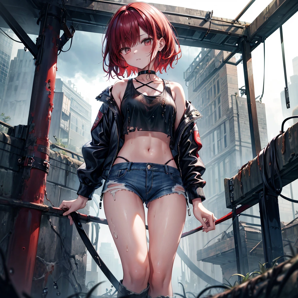 ((Highest quality)), ((masterpiece)), ((detailed)), (4K),1girl, , 独奏, crop top, darkred hair, leather jacket, torn jeans, choker, bracelet, (rain), ((wet)), see through, (expressionless), scowl, (from below), (looking down), looking at viewer, (open legs), wasteland, town