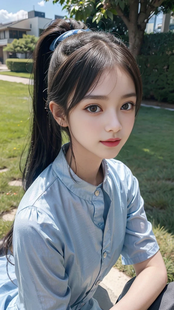 collared dress,european city park,On the lawn,One woman,masutepiece, The highest image quality, High quality, the background is clear,Beautiful woman, Japanese,Ultra-detailed, finely detail, hight resolution, 8K Wallpaper, Perfect dynamic composition, Beautiful detailed eyes , Detailed, Detailed eyes, Detailed skin, Beautiful skin, 超hight resolution, (reality: 1.4),Very beautiful woman, Slightly younger face, Beautiful skin, slender, (Ultra photo realsisim), (hight resolution), (8K), (Very detailed) (beautifully detailed eyes), (super detailed), (Detailed face), view the viewer, Fine details, Detailed face, Staring straight ahead, Staring straight ahead, photos realistic, Bright lighting, Professional Lighting, Black hair,poneyTail,a baby face,sixteen years old,Hairstyle: ponytail,Long ponytail hairstyle,slight smile,neat and tidy clothing,Beautiful Japanese KPOP idol photo, hair style is ponytail, my eyes are double and wide, baby face, smile and look straight ahead, slender, small breasts,Close up face,