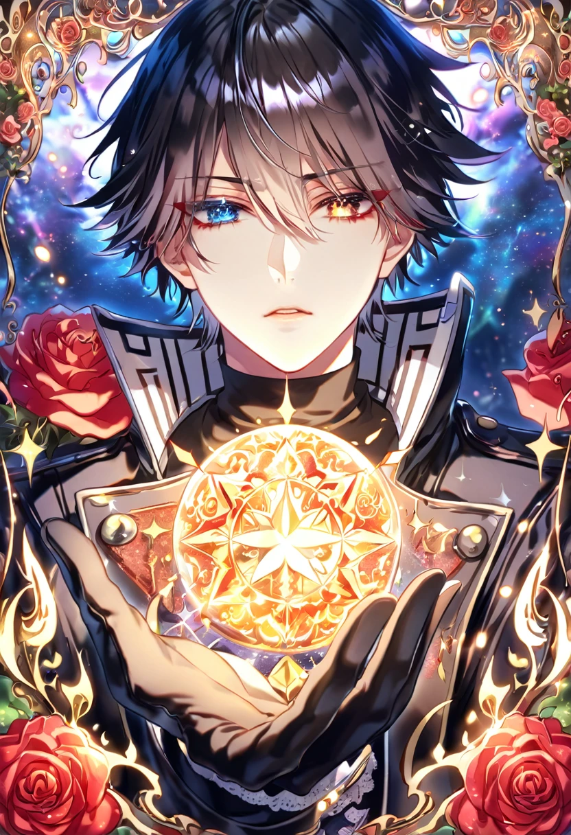 (absurdres, highres, ultra detailed, HDR) master piece, best quality, extremely detailed face, delicated features, Reiki, black hair, ruffled, spiked, with bangs, heterochromia, right eye blue, left eye gray, K Project, solo, sexy man, handsome, black leather jacket, black T-shirt, black leather gloves, magical fantasy, glittering, sparkling, red roses, radiant, red sparkling fireflies, flames, envy magical, fantasy