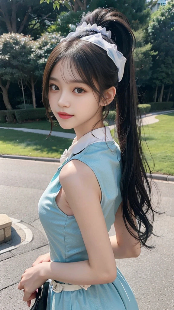collared dress,european city park,On the lawn,One woman,masutepiece, The highest image quality, High quality, the background is clear,Beautiful woman, Japanese,Ultra-detailed, finely detail, hight resolution, 8K Wallpaper, Perfect dynamic composition, Beautiful detailed eyes , Detailed, Detailed eyes, Detailed skin, Beautiful skin, 超hight resolution, (reality: 1.4),Very beautiful woman, Slightly younger face, Beautiful skin, slender, (Ultra photo realsisim), (hight resolution), (8K), (Very detailed) (beautifully detailed eyes), (super detailed), (Detailed face), view the viewer, Fine details, Detailed face, Staring straight ahead, Staring straight ahead, photos realistic, Bright lighting, Professional Lighting, Black hair,poneyTail,a baby face,sixteen years old,Hairstyle: ponytail,Long ponytail hairstyle,slight smile,neat and tidy clothing,Beautiful Japanese KPOP idol photo, hair style is ponytail, my eyes are double and wide, baby face, smile and look straight ahead, slender, small breasts,Close up face,