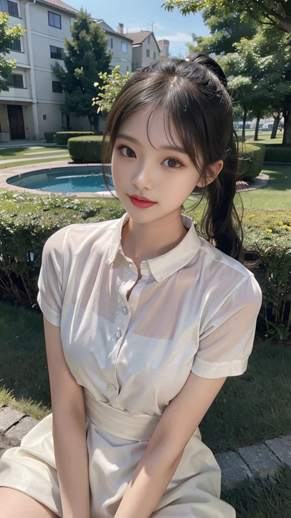collared dress,european city park,On the lawn,One woman,masutepiece, The highest image quality, High quality, the background is clear,Beautiful woman, Japanese,Ultra-detailed, finely detail, hight resolution, 8K Wallpaper, Perfect dynamic composition, Beautiful detailed eyes , Detailed, Detailed eyes, Detailed skin, Beautiful skin, 超hight resolution, (reality: 1.4),Very beautiful woman, Slightly younger face, Beautiful skin, slender, (Ultra photo realsisim), (hight resolution), (8K), (Very detailed) (beautifully detailed eyes), (super detailed), (Detailed face), view the viewer, Fine details, Detailed face, Staring straight ahead, Staring straight ahead, photos realistic, Bright lighting, Professional Lighting, Black hair,poneyTail,a baby face,sixteen years old,Hairstyle: ponytail,Long ponytail hairstyle,slight smile,neat and tidy clothing,Beautiful Japanese KPOP idol photo, hair style is ponytail, my eyes are double and wide, baby face, smile and look straight ahead, slender, small breasts,Close up face,